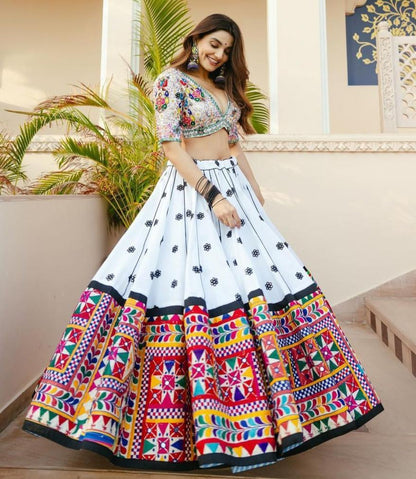 White cotton mirror work navratri lehenga choli