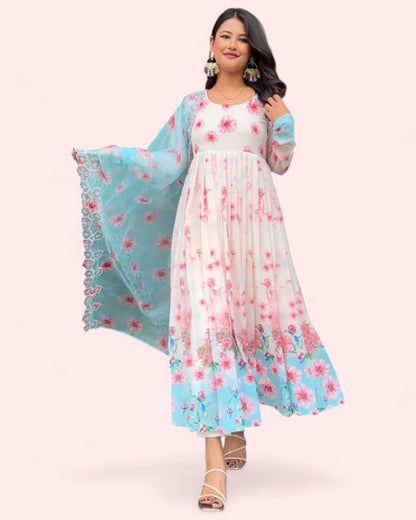 White floral printed beautiful anarkali suit gown