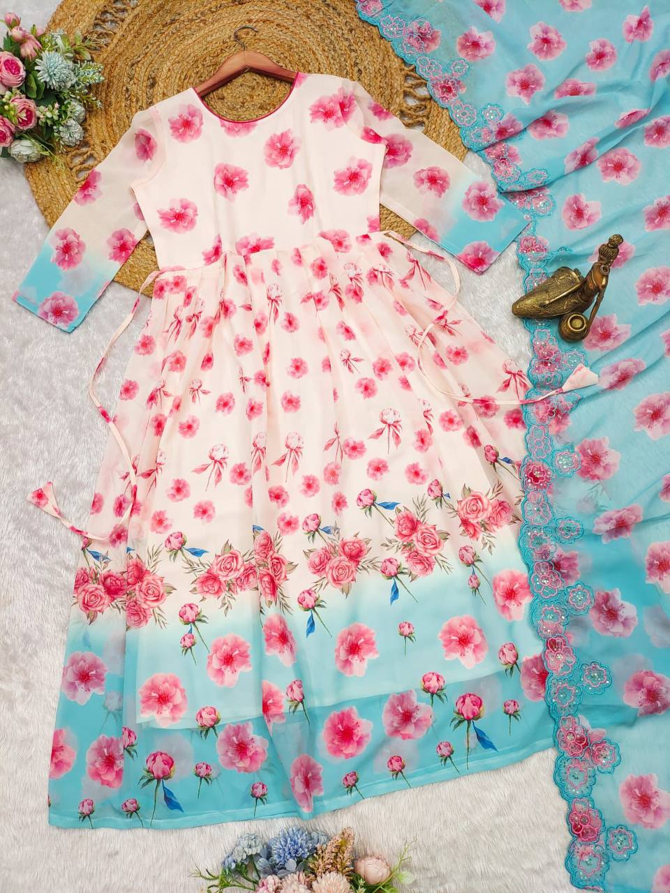 White floral printed beautiful anarkali suit gown