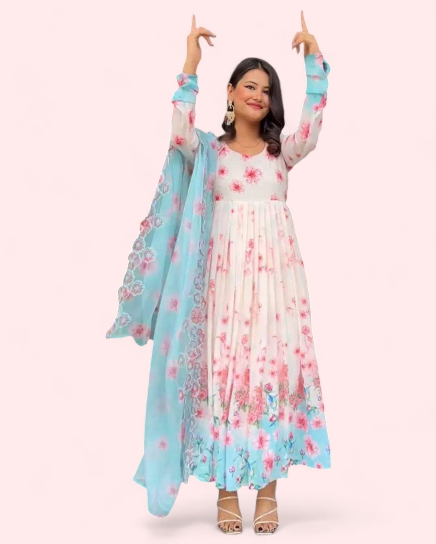 White floral printed beautiful anarkali suit gown