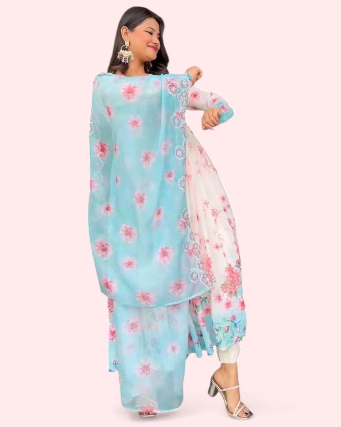 White floral printed beautiful anarkali suit gown