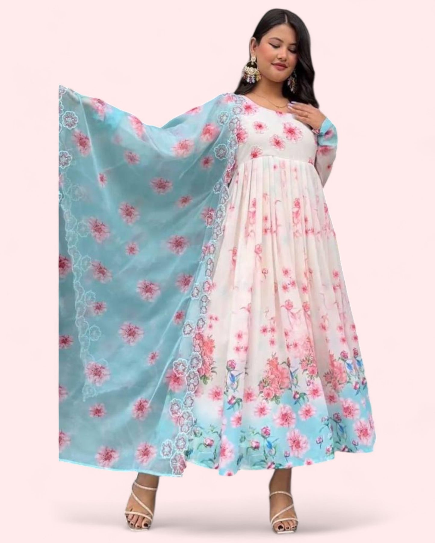 White floral printed beautiful anarkali suit gown