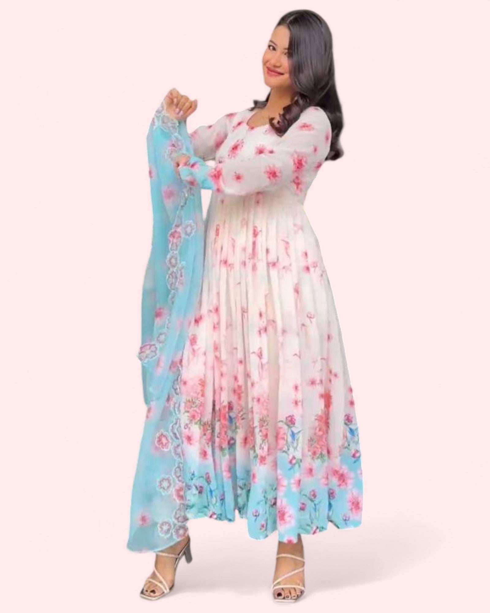 White floral printed beautiful anarkali suit gown