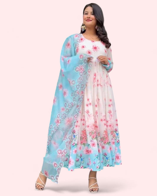 White floral printed beautiful anarkali suit gown