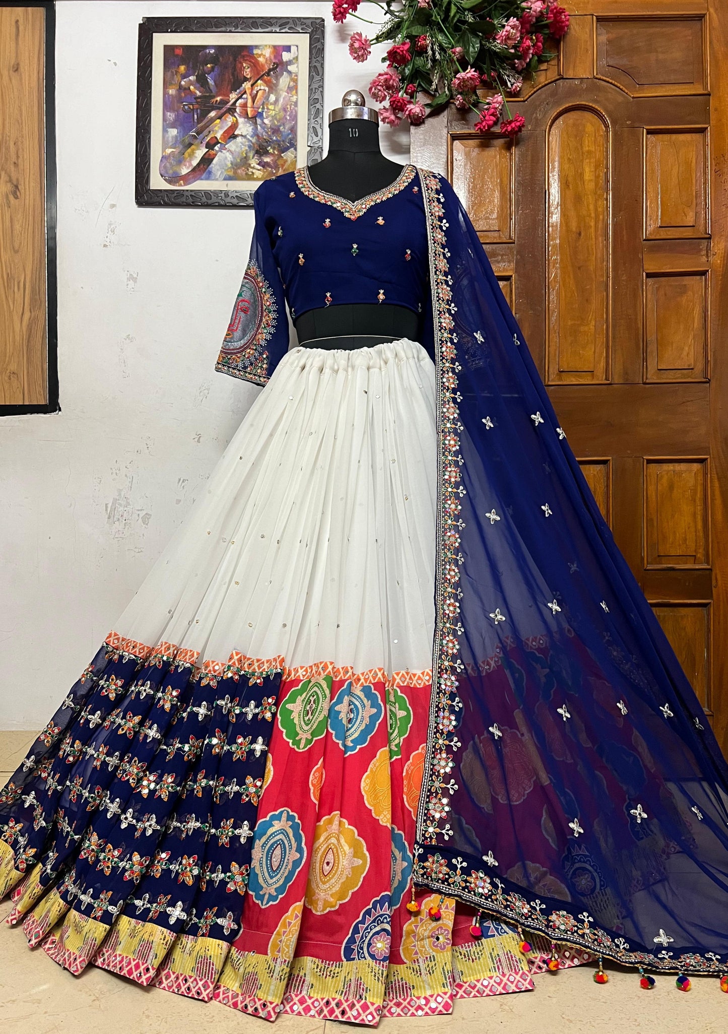 White georgette embroidered navratri lehenga chaniya choli