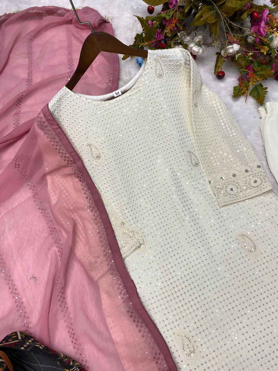 White georgette heavy sequence thread work designer salwar suit