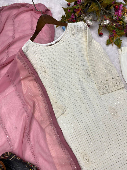 White georgette heavy sequence thread work designer salwar suit