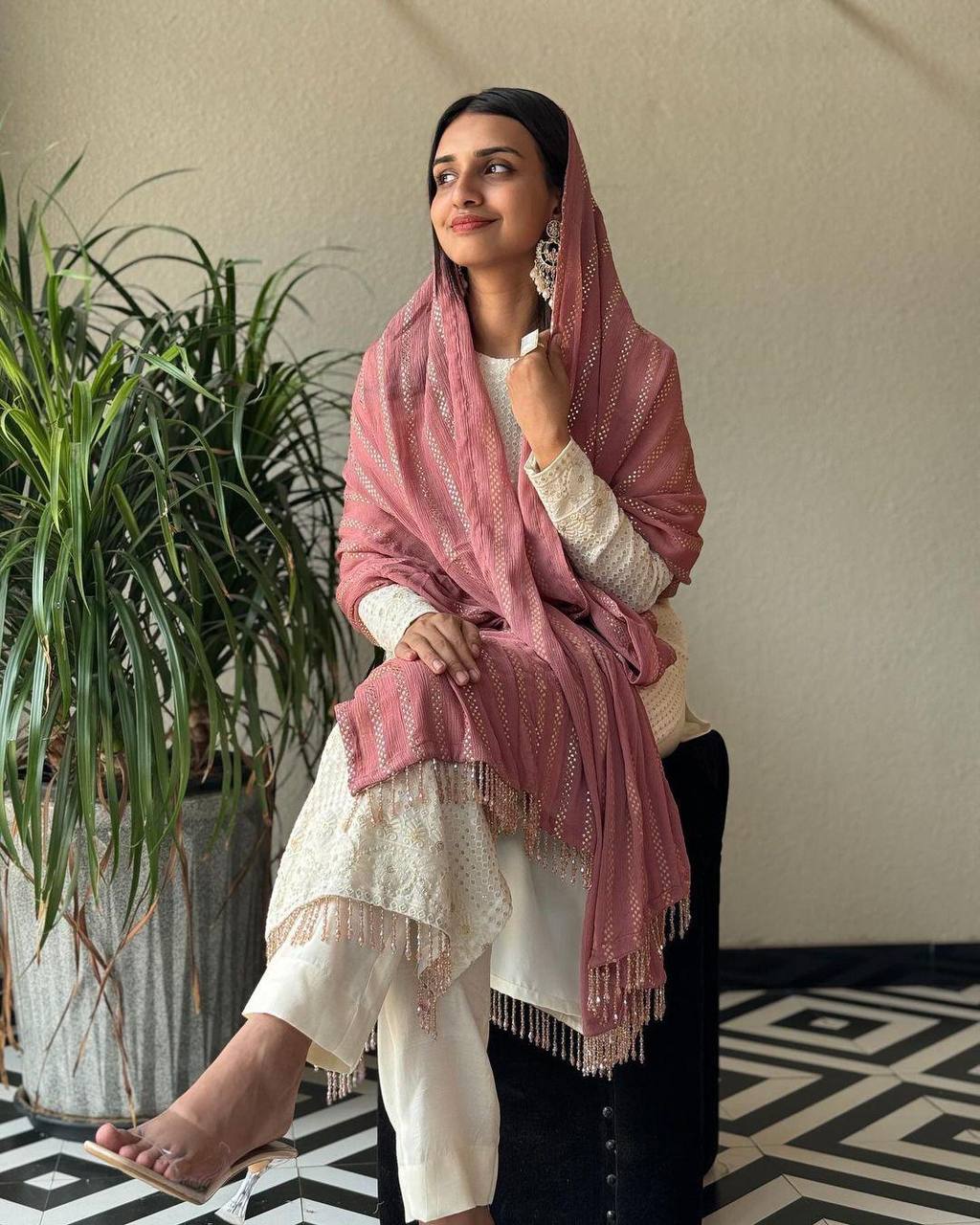White georgette heavy sequence thread work designer salwar suit