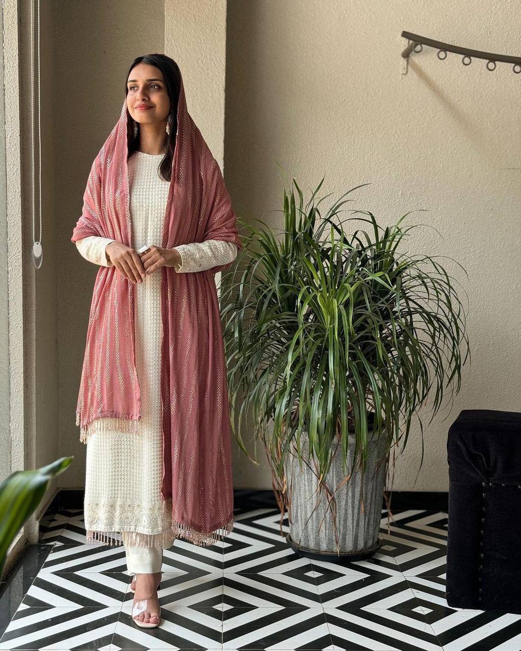 White georgette heavy sequence thread work designer salwar suit
