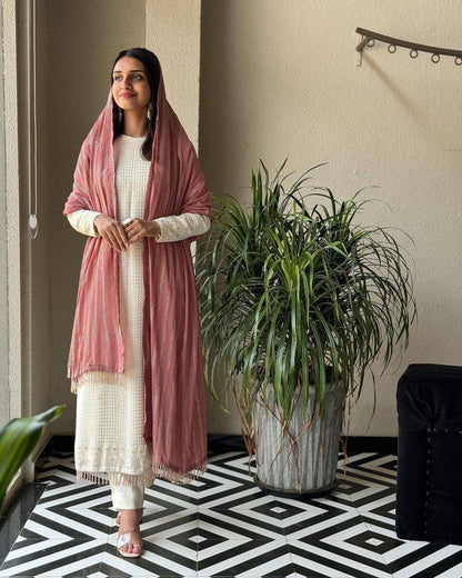 White georgette heavy sequence thread work designer salwar suit