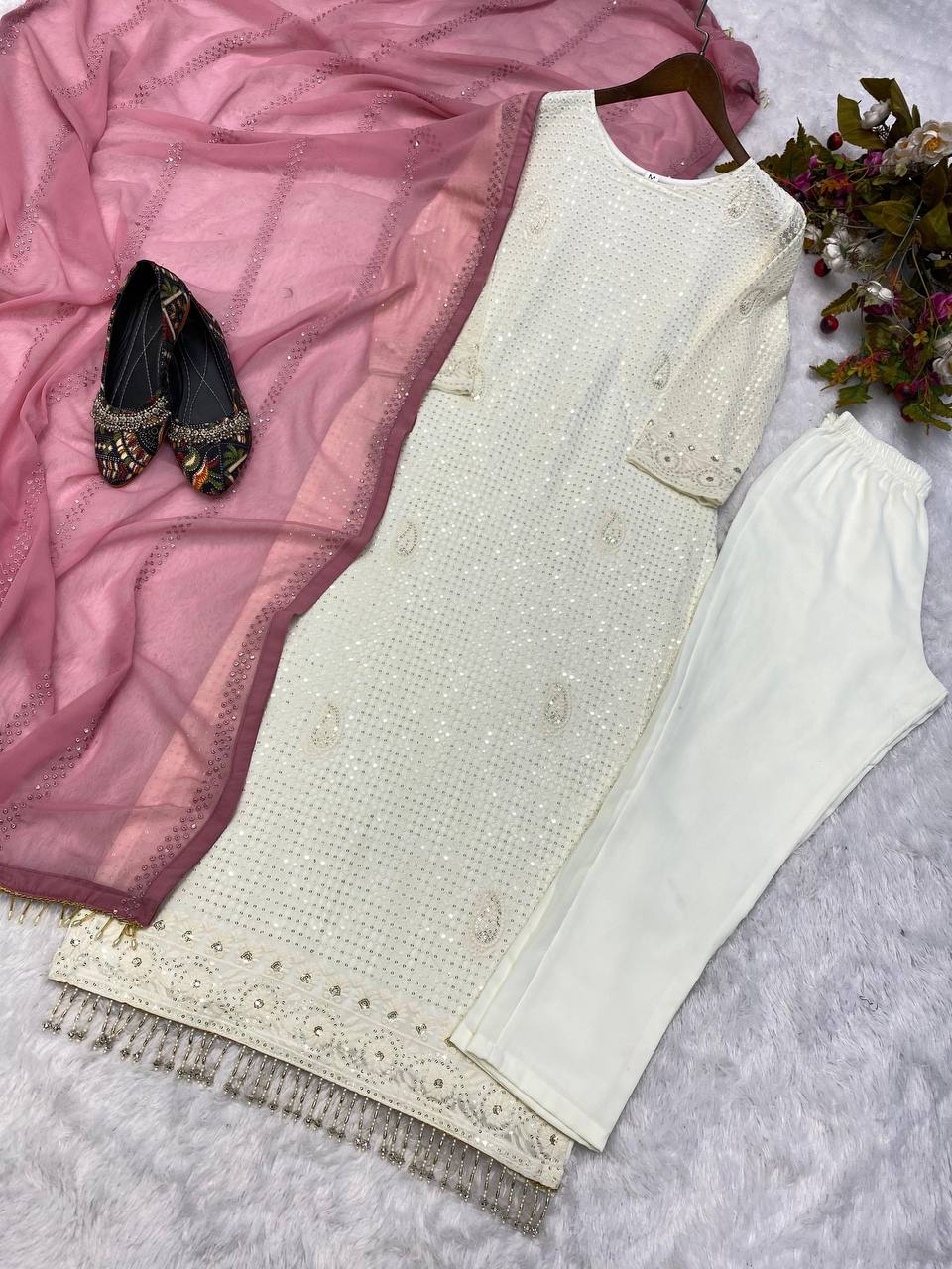 White georgette heavy sequence thread work designer salwar suit