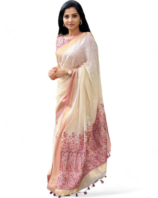 White linen cotton printed golden jacquard border saree