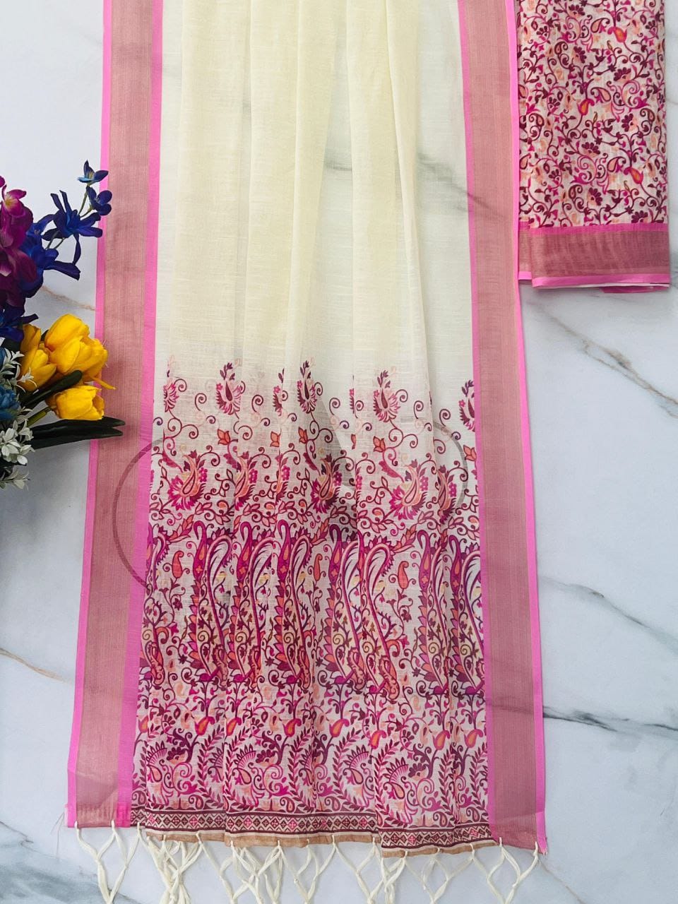 White linen cotton printed golden jacquard border saree