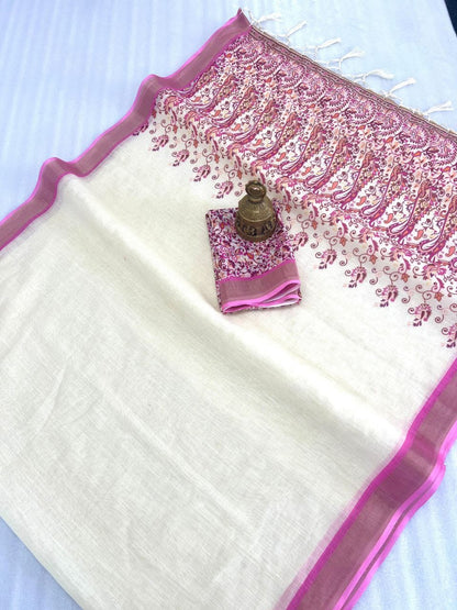 White linen cotton printed golden jacquard border saree