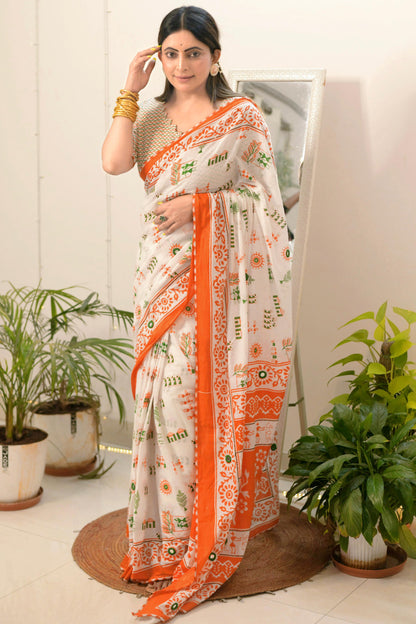 White linen cotton printed tiranga saree for Independence Day