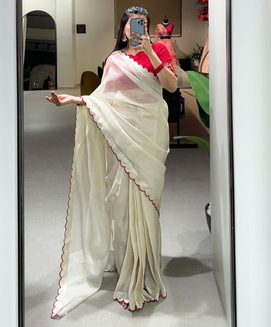 White manipuri tussar arca work stylish saree