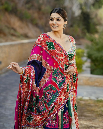 White cotton printed navratri gujarati garba mirror work lehenga chaniya choli