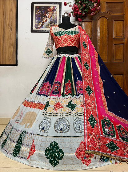 White cotton printed navratri gujarati garba mirror work lehenga chaniya choli