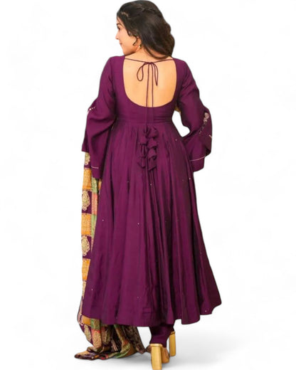 Wine Roman Silk Anarkali Suit Set with Sequin Work Dupatta