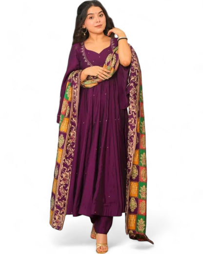 Wine Roman Silk Anarkali Suit Set with Sequin Work Dupatta