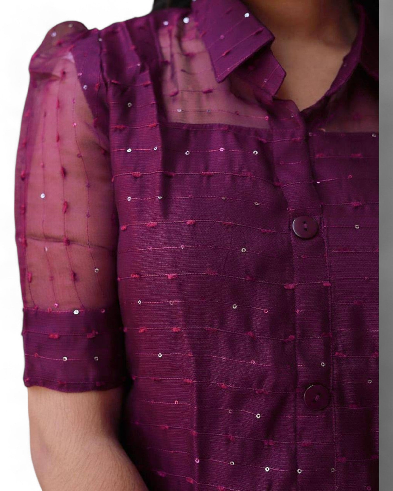 Wine Women's Beautiful Organza Sequin Kurti with Bead Detailing