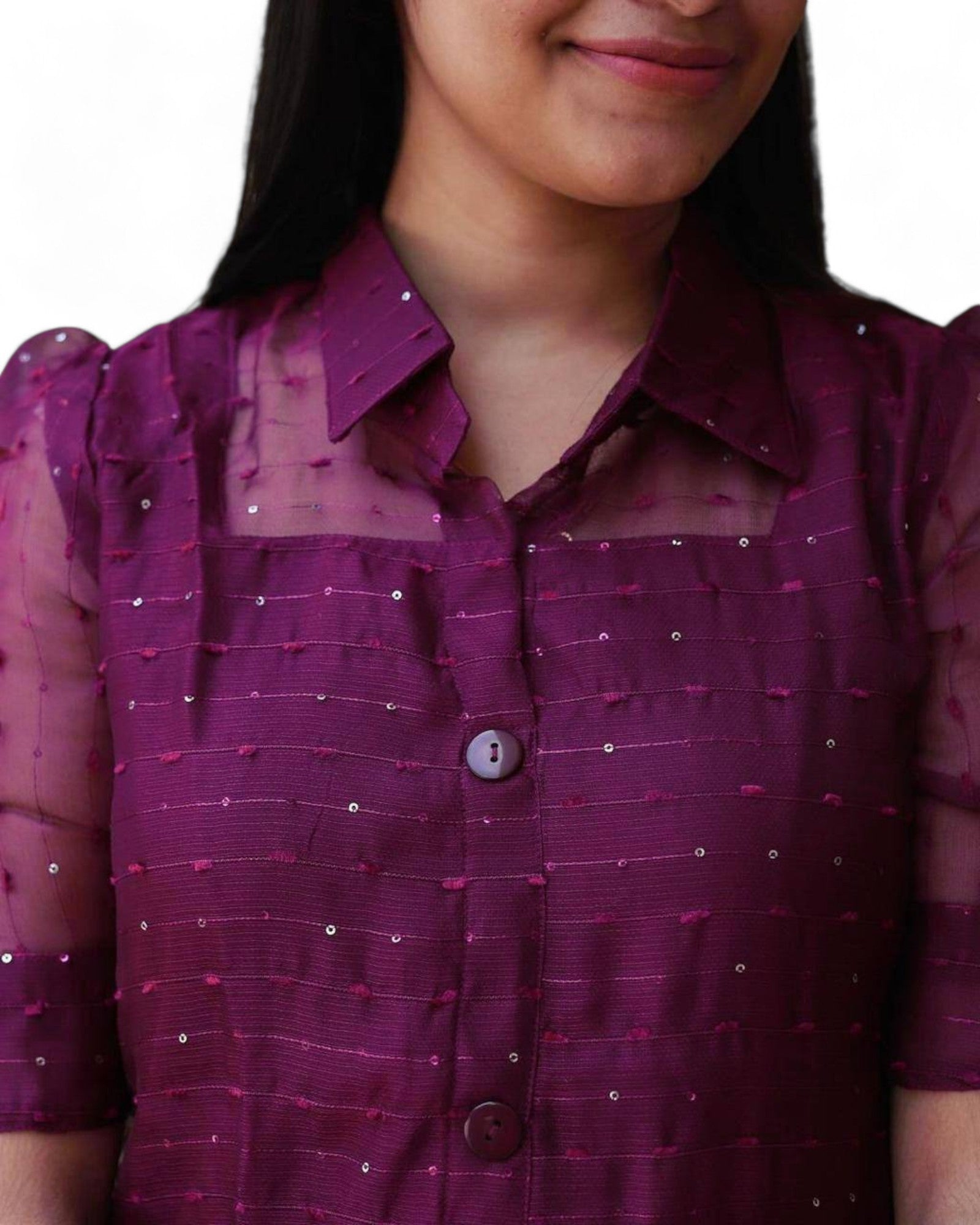Wine Women's Beautiful Organza Sequin Kurti with Bead Detailing