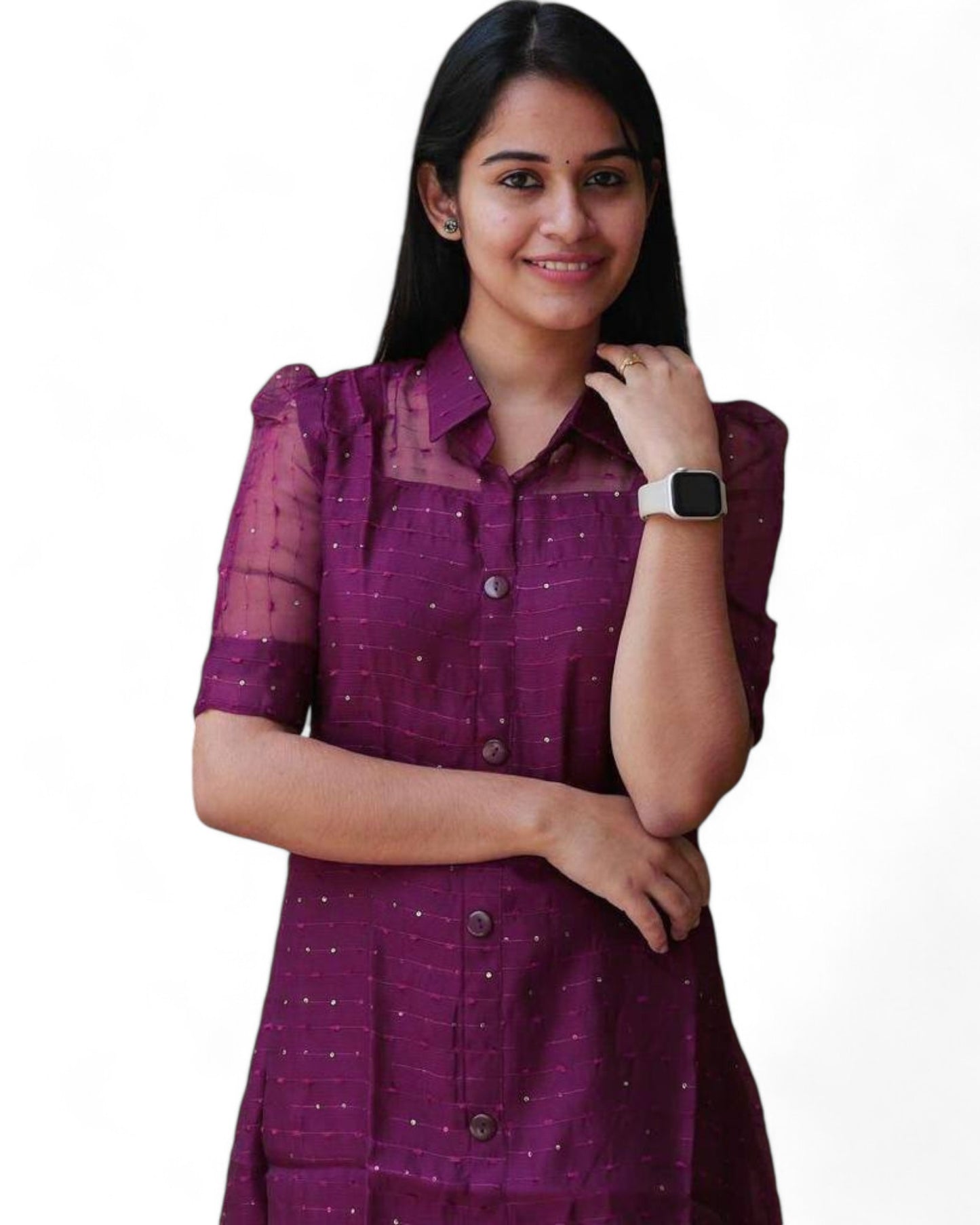 Wine Women's Beautiful Organza Sequin Kurti with Bead Detailing