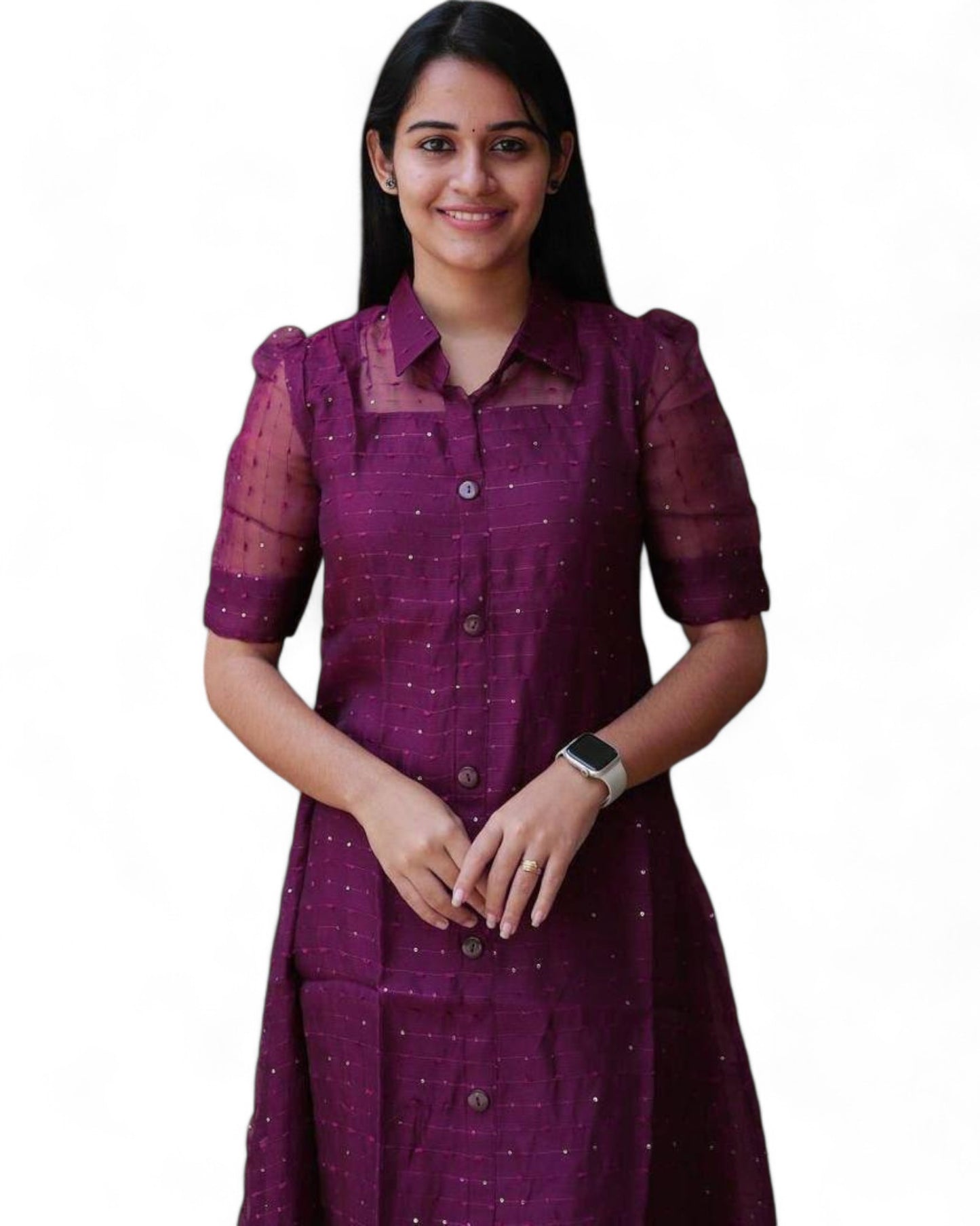 Wine Women's Beautiful Organza Sequin Kurti with Bead Detailing