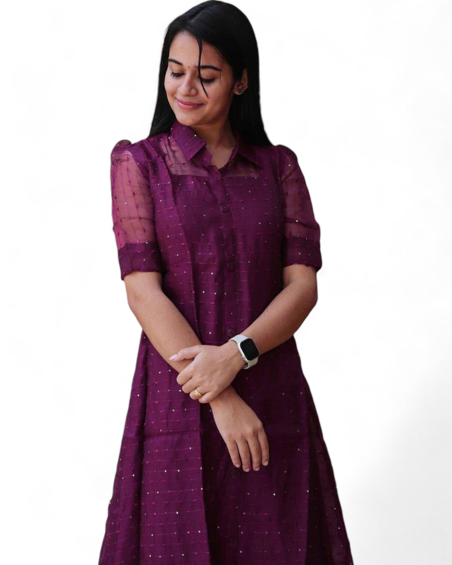 Wine Women's Beautiful Organza Sequin Kurti with Bead Detailing