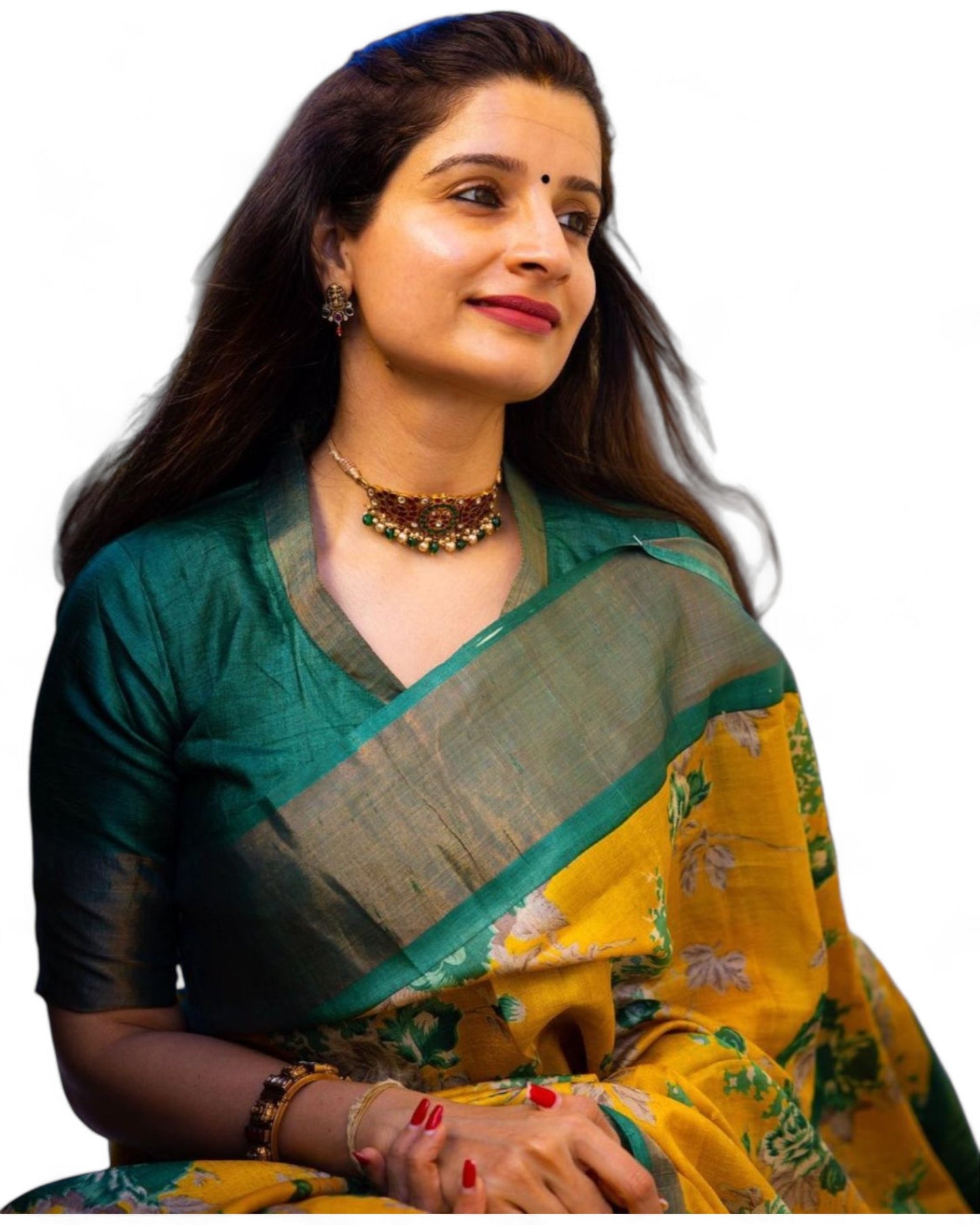 Yellow Floral Printed Linen Cotton Jari Border Ceremonial Saree