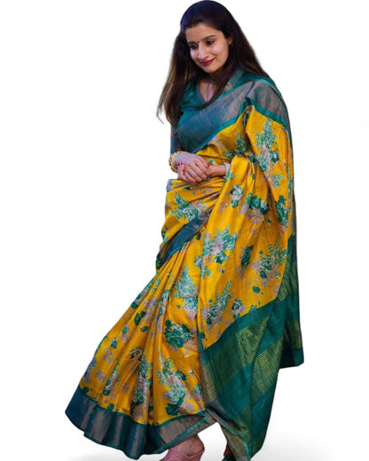 Yellow Floral Printed Linen Cotton Jari Border Ceremonial Saree