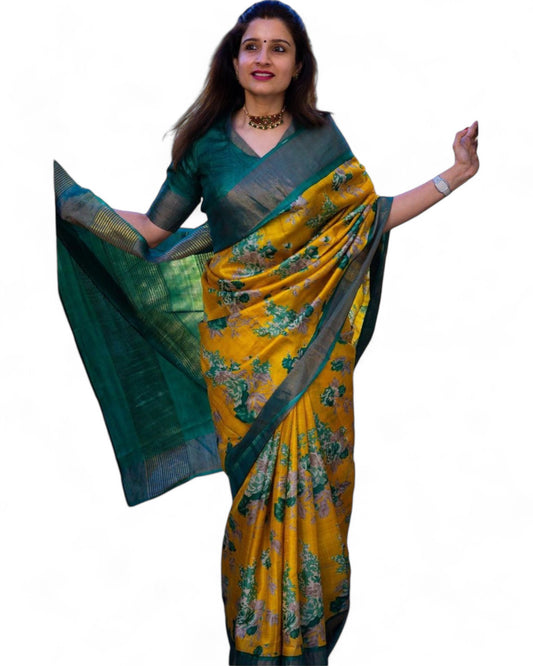 Yellow Floral Printed Linen Cotton Jari Border Ceremonial Saree