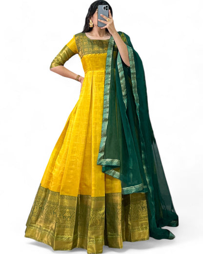 Kanjivaram Zari Weaving Work Stitched Gown with Net Dupatta Yellow Free Size