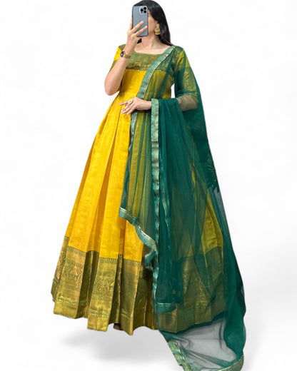 Kanjivaram Zari Weaving Work Stitched Gown with Net Dupatta