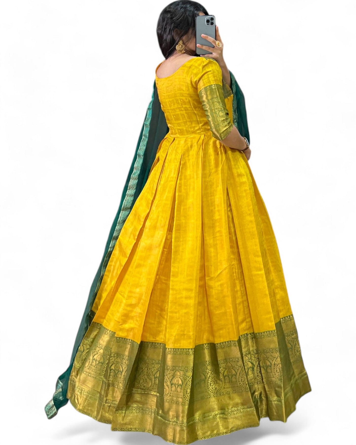 Kanjivaram Zari Weaving Work Stitched Gown with Net Dupatta