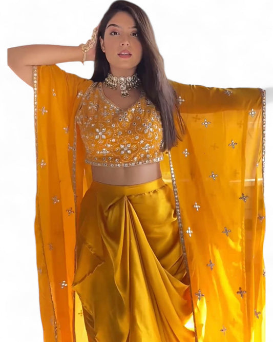 Yellow Satin Ready Wear Indo Western Dhoti Suit with Shrug Koti