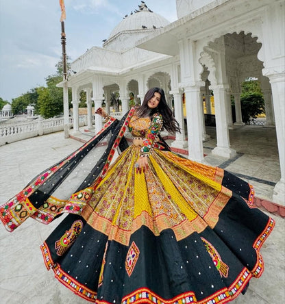 Yellow cotton print mirror work gujarati garba navratri lehenga choli