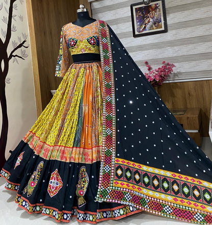 Yellow cotton print mirror work gujarati garba navratri lehenga choli