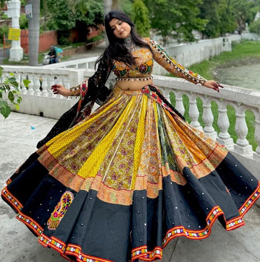 Yellow cotton print mirror work gujarati garba navratri lehenga choli