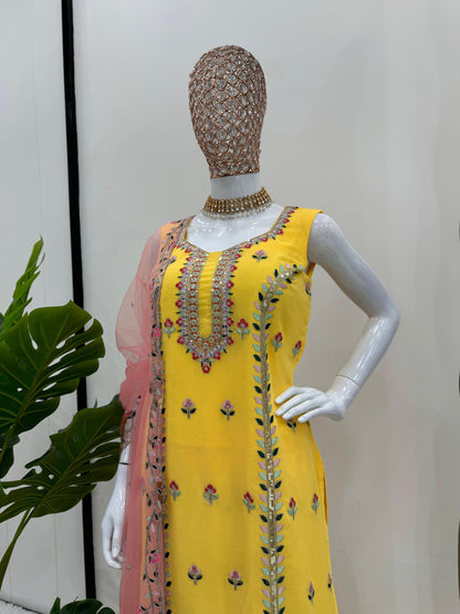 Yellow georgette embroidered sharara suit for haldi ceremony