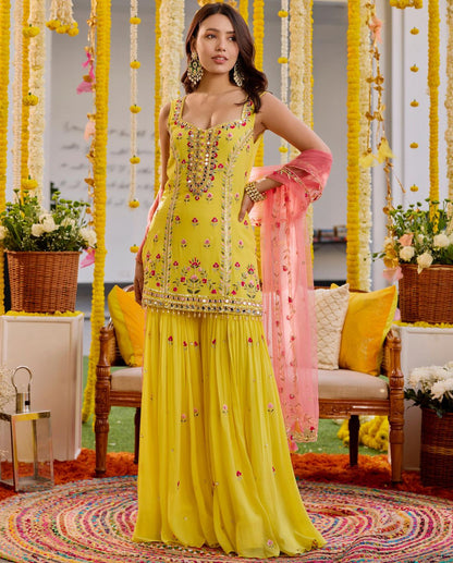 Yellow georgette embroidered sharara suit for haldi ceremony
