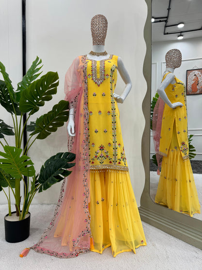 Yellow georgette embroidered sharara suit for haldi ceremony