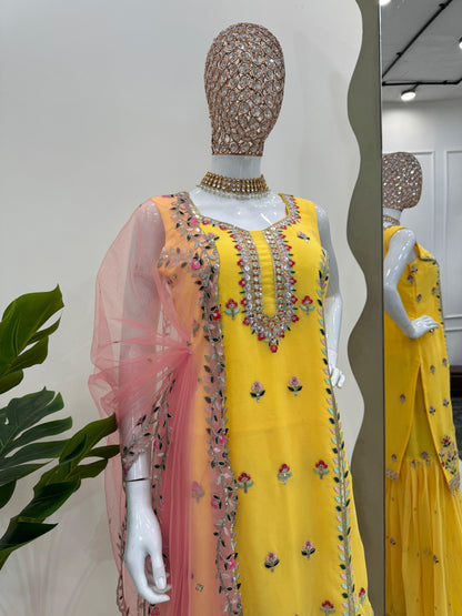 Yellow georgette embroidered sharara suit for haldi ceremony