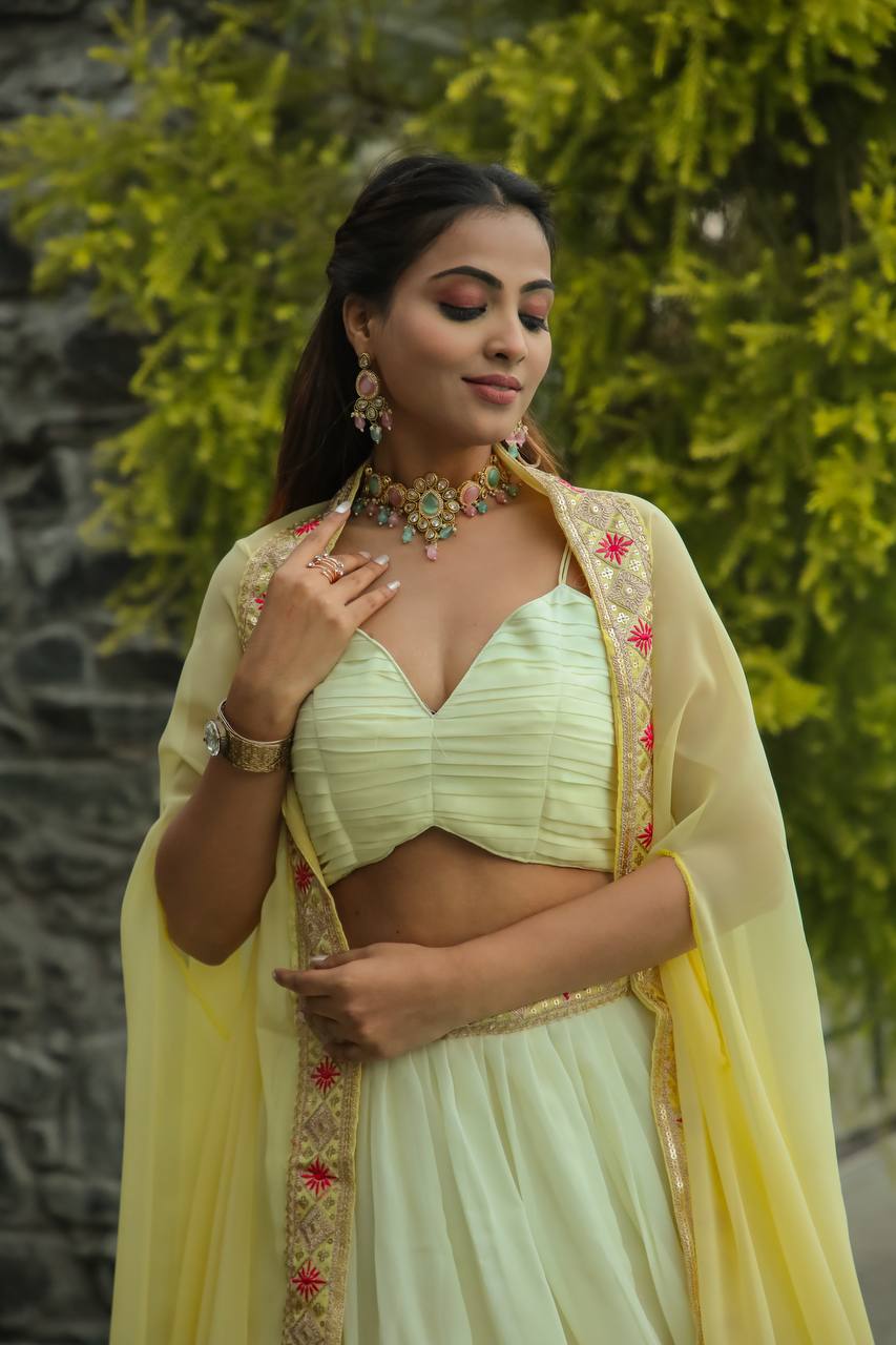 Yellow georgette indowestern lehenga with shrug koti