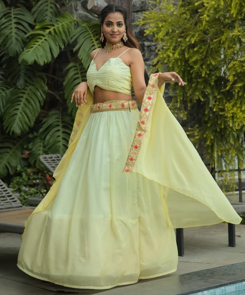 Yellow georgette indowestern lehenga with shrug koti
