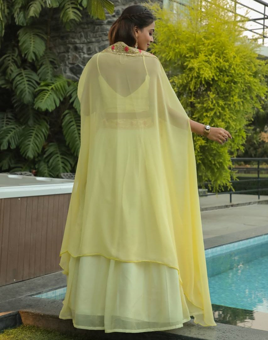 Yellow georgette indowestern lehenga with shrug koti
