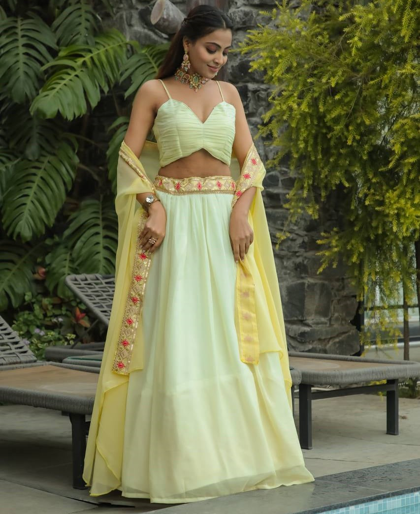 Yellow georgette indowestern lehenga with shrug koti
