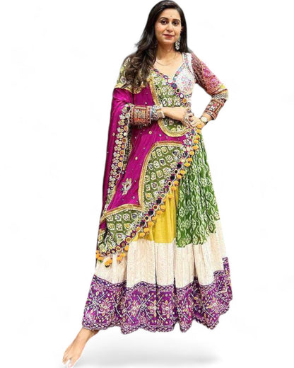 Yellow green print mirror work navratri lehenga chaniya choli
