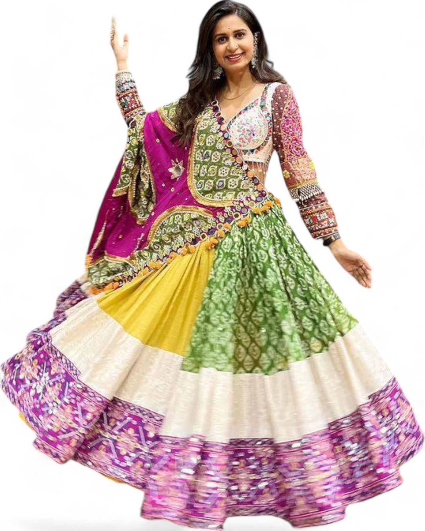 Yellow green print mirror work navratri lehenga chaniya choli