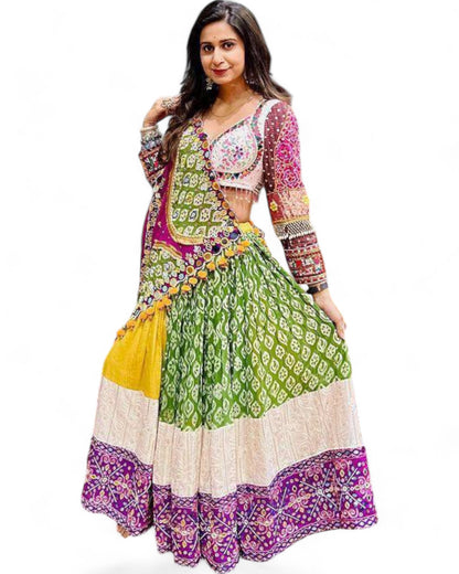 Yellow green print mirror work navratri lehenga chaniya choli